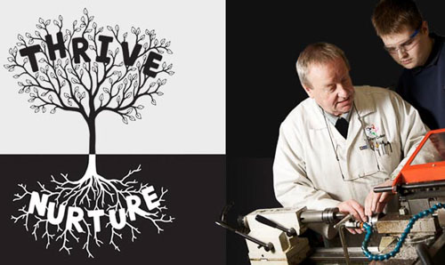 A composite image of a teacher helping a student and a graphic of a tree.