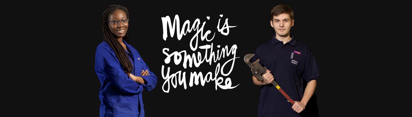 A young woman and young man stand next to overlaid text that reads 'magic is something you make'